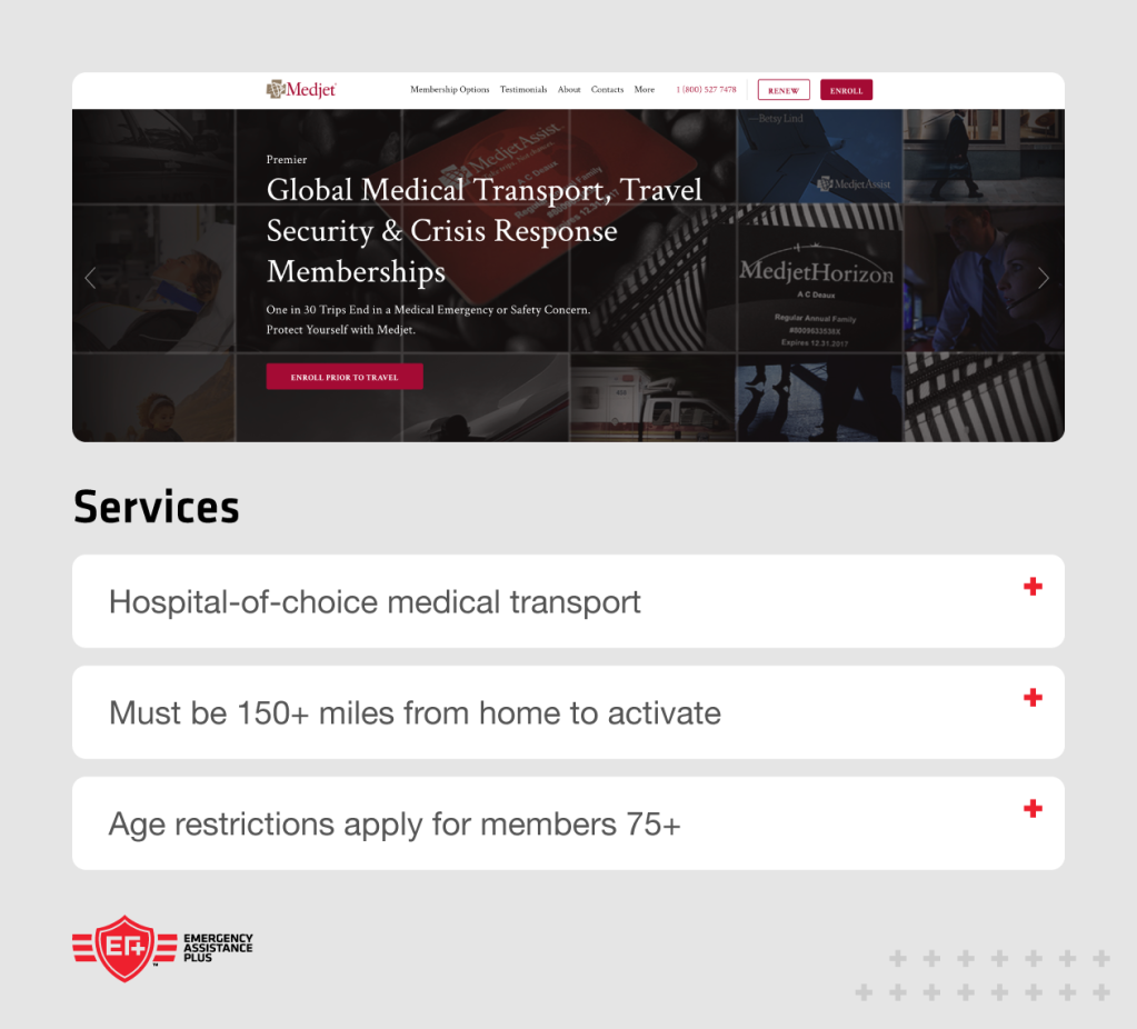 Medjet homepage with callouts like hospital of choice transport and age restrictions for those 75+