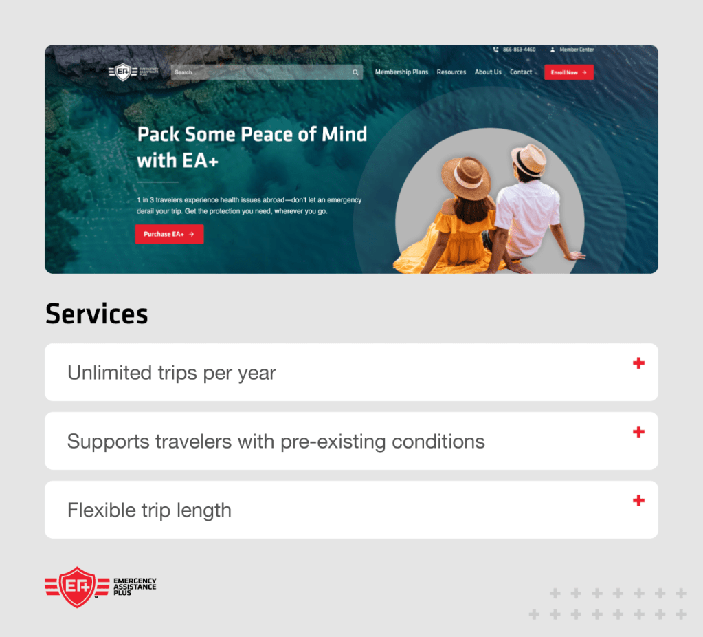 EA+ website with callouts like unlimited trips per year and flexible trip length