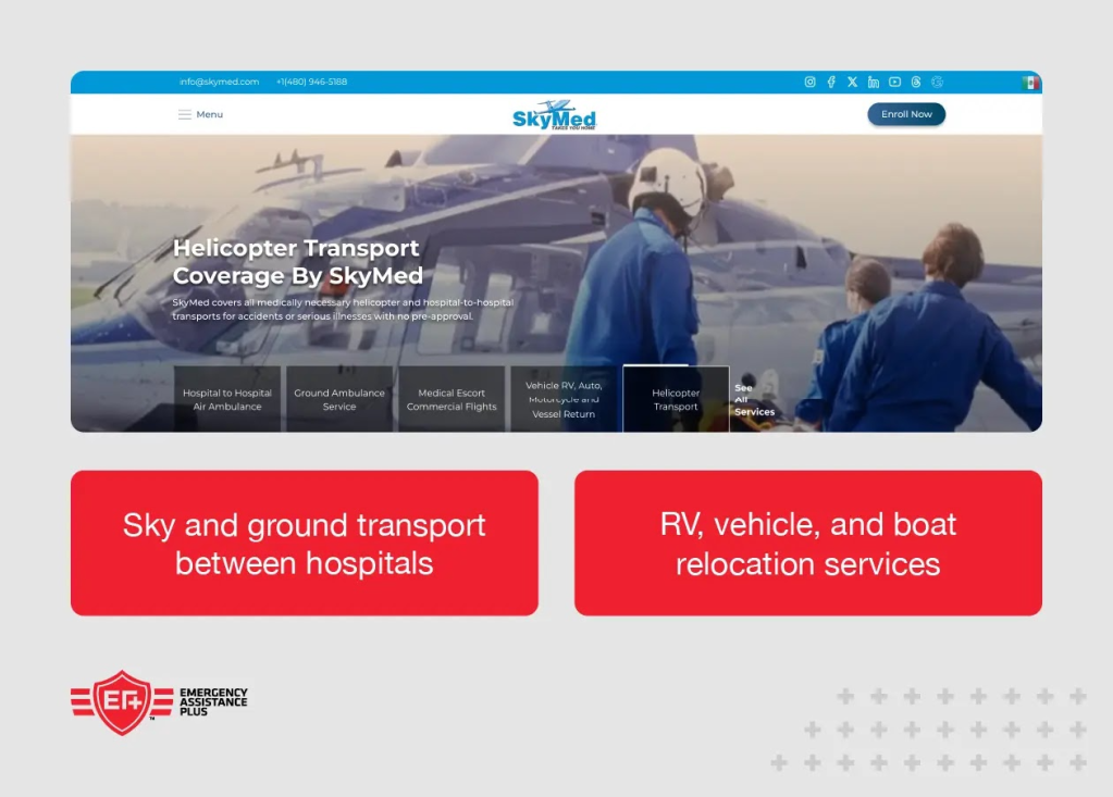 screenshot of SkyMed website with annotations including “RV, vehicle, and boat relocation services.
