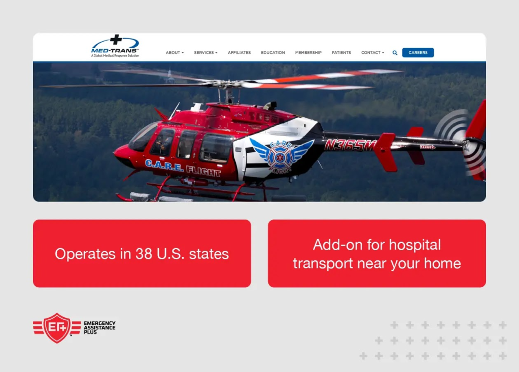 screenshot of Med-Trans website with annotations like “operates in 38 U.S. states.