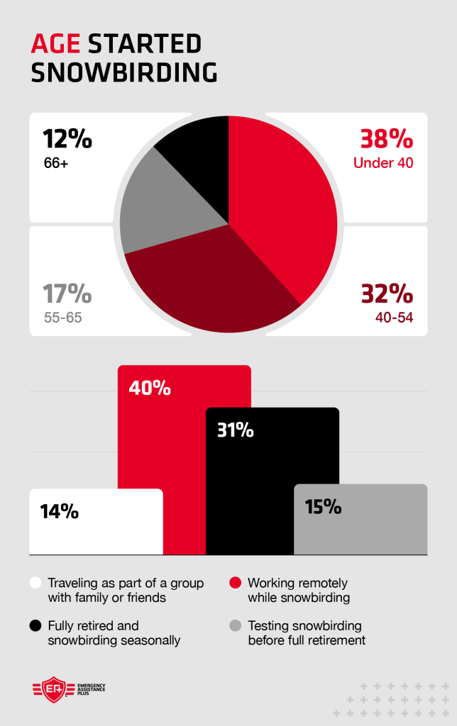 Age ranges of snowbirds next to illustrated icon grid of snowbird lifestyles, including 40% being remote workers.