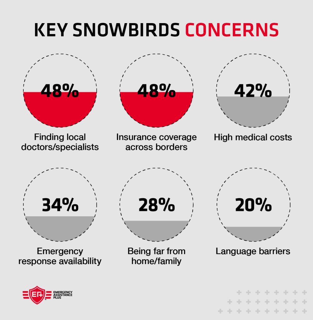 Horizontal bar chart showing the top healthcare concerns among snowbirds, including insurance coverage and finding local doctors at 48%.