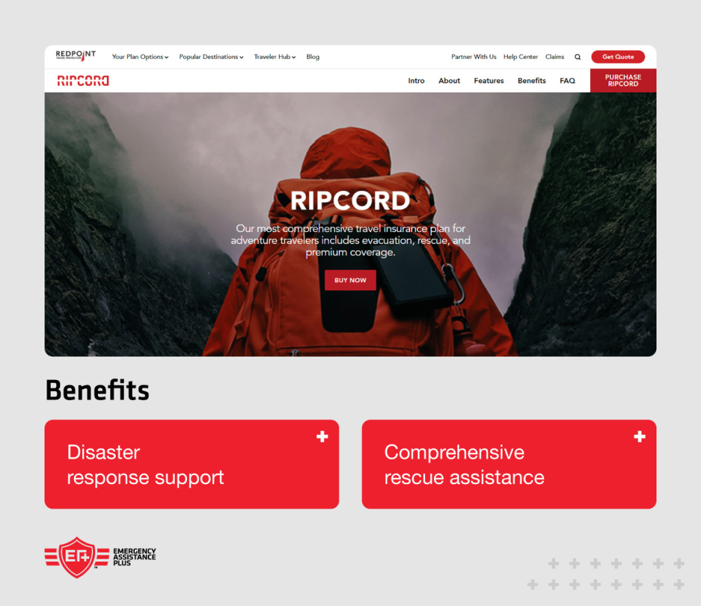 Screenshot of Redpoint Ripcord website with annotations highlighting disaster response support and comprehensive rescue assistance.
