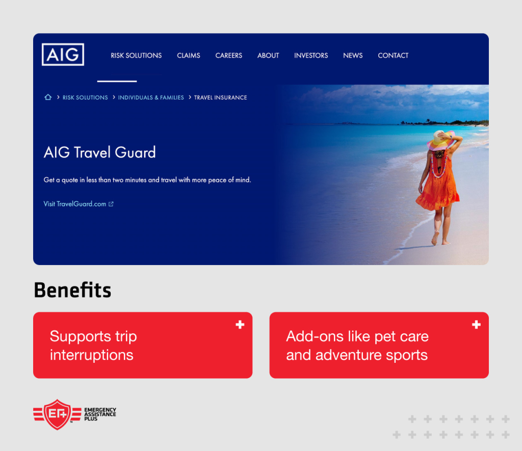 Screenshot of AIG travel guard website with annotations “Add-ons like pet care and adventure sports”