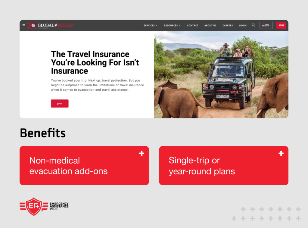 Screenshot of Global Rescue website with annotations “Non-medical evacuation add-ons”