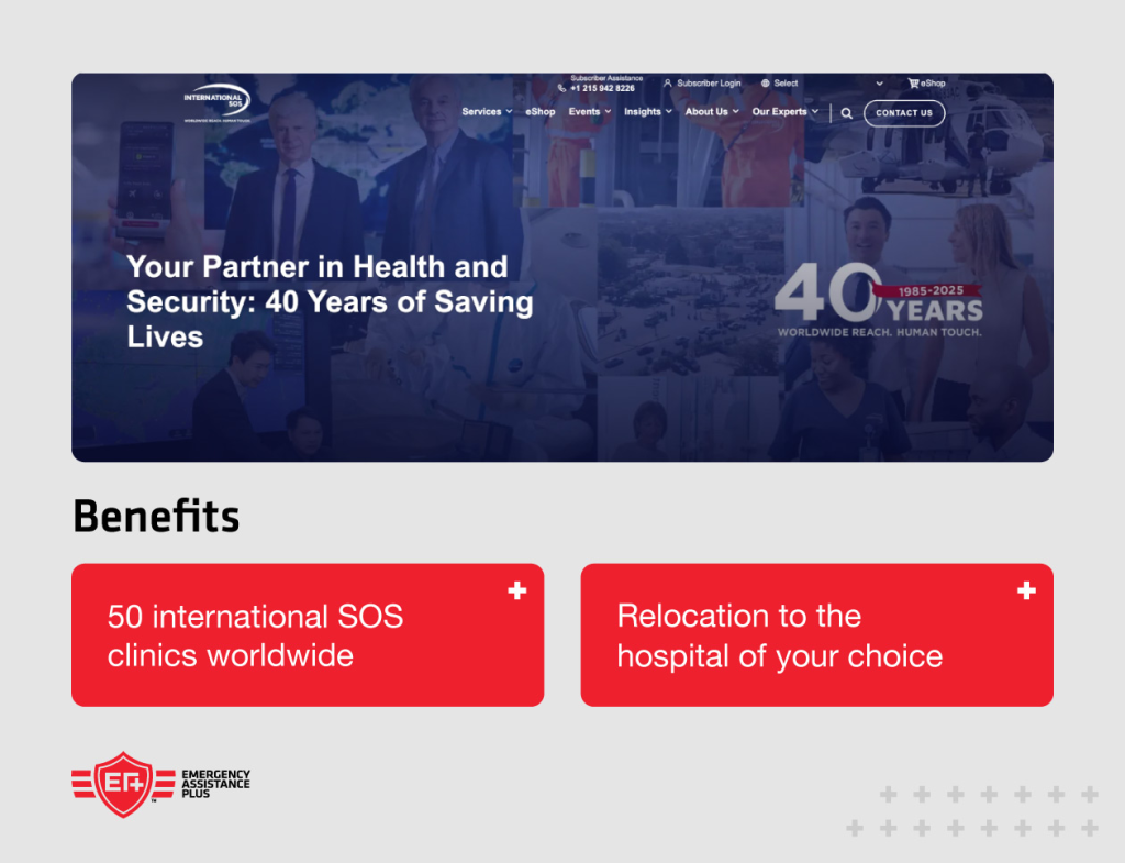 Screenshot of International SOS website with annotation “50 international SOS clinics wordwide"