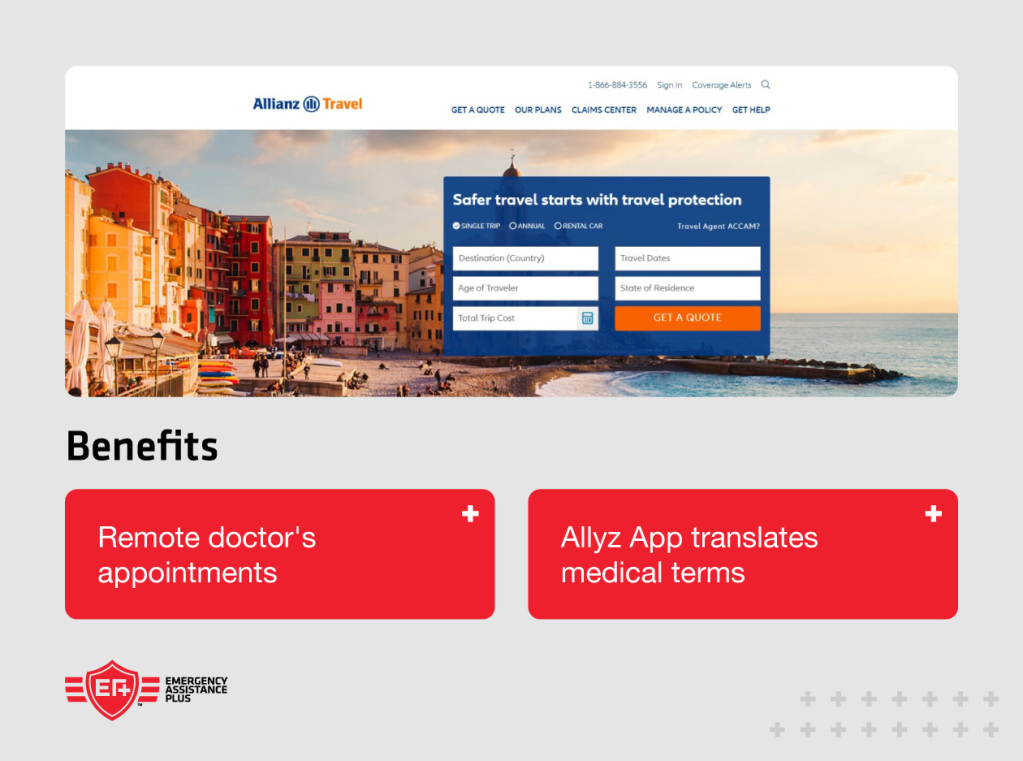 Screenshot of Allianz Membership website with annotations “Allyz App translates medical terms”