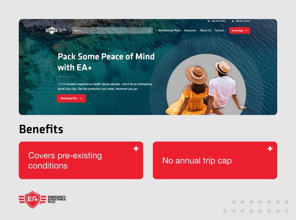 Screenshot of EA+ website with pros “Covers pre-existing condtions"
