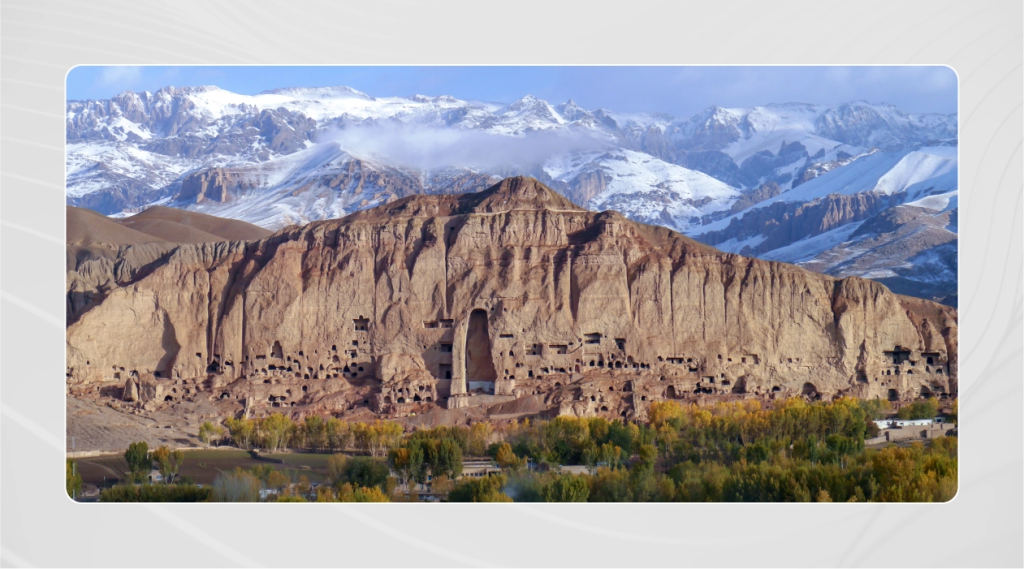A view over the Bamyan (Bamiyan) Valley showing the large Buddha niche in the cliff. 