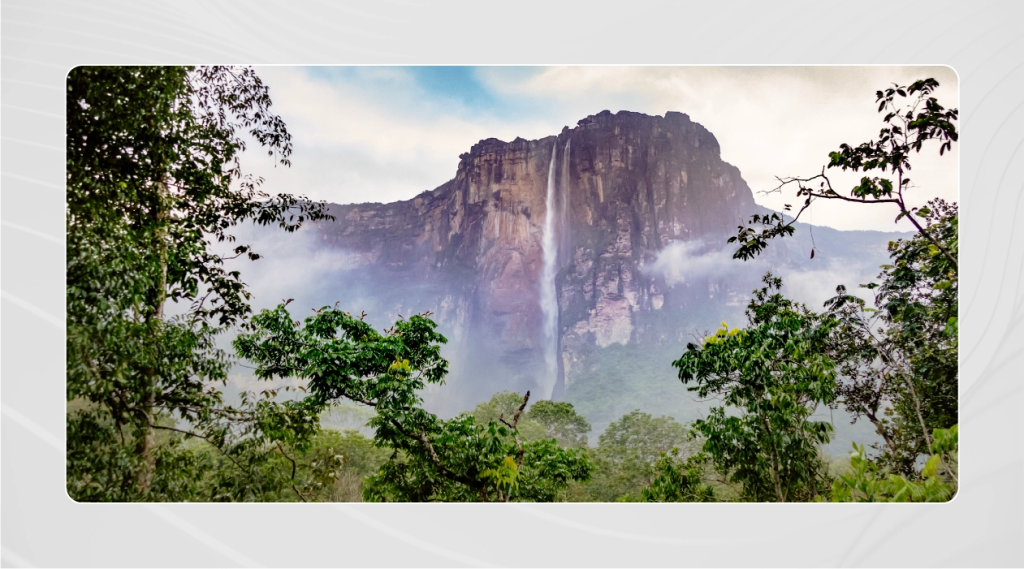 Waterfall Angel in Venezula, the highest waterfall in the world with trees framing the waterfall.