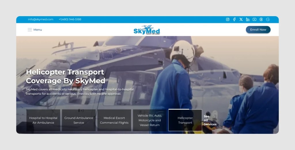 SkyMed website showing caption “Your Hospital-to-Hospital Emergency Air Transport